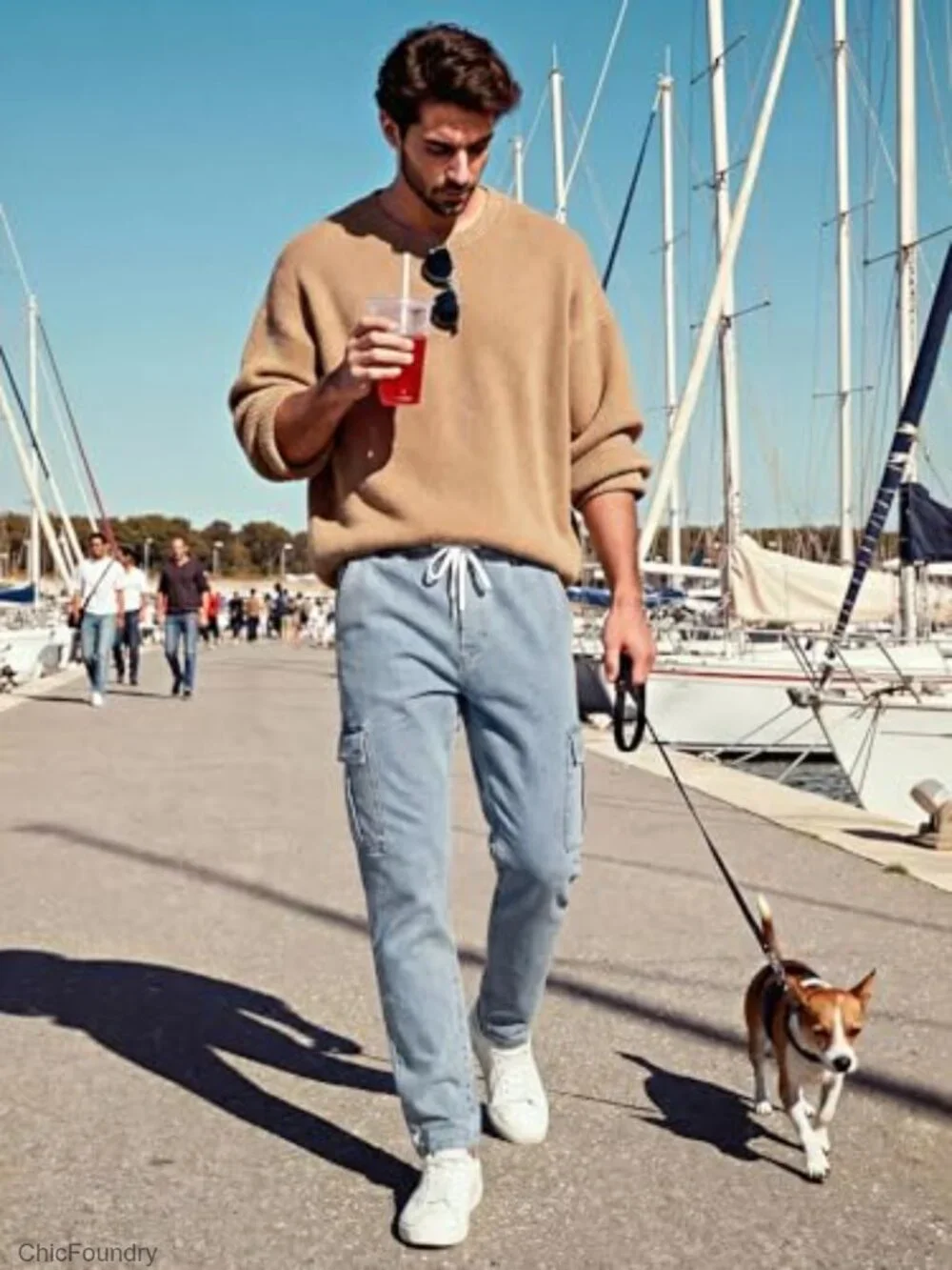 Men's Elastic Waist Cargo Jeans Stretch Denim Pants Drawstring Relaxed Fit